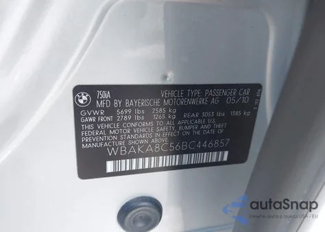 2011 BMW 750I z USA, uszkodzony, nr VIN WBAKA8C56BC446857